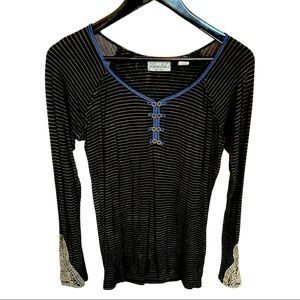 Long sleeve, black, tan, and blue shirt. Decorative sleeves, soft cotton shirt.